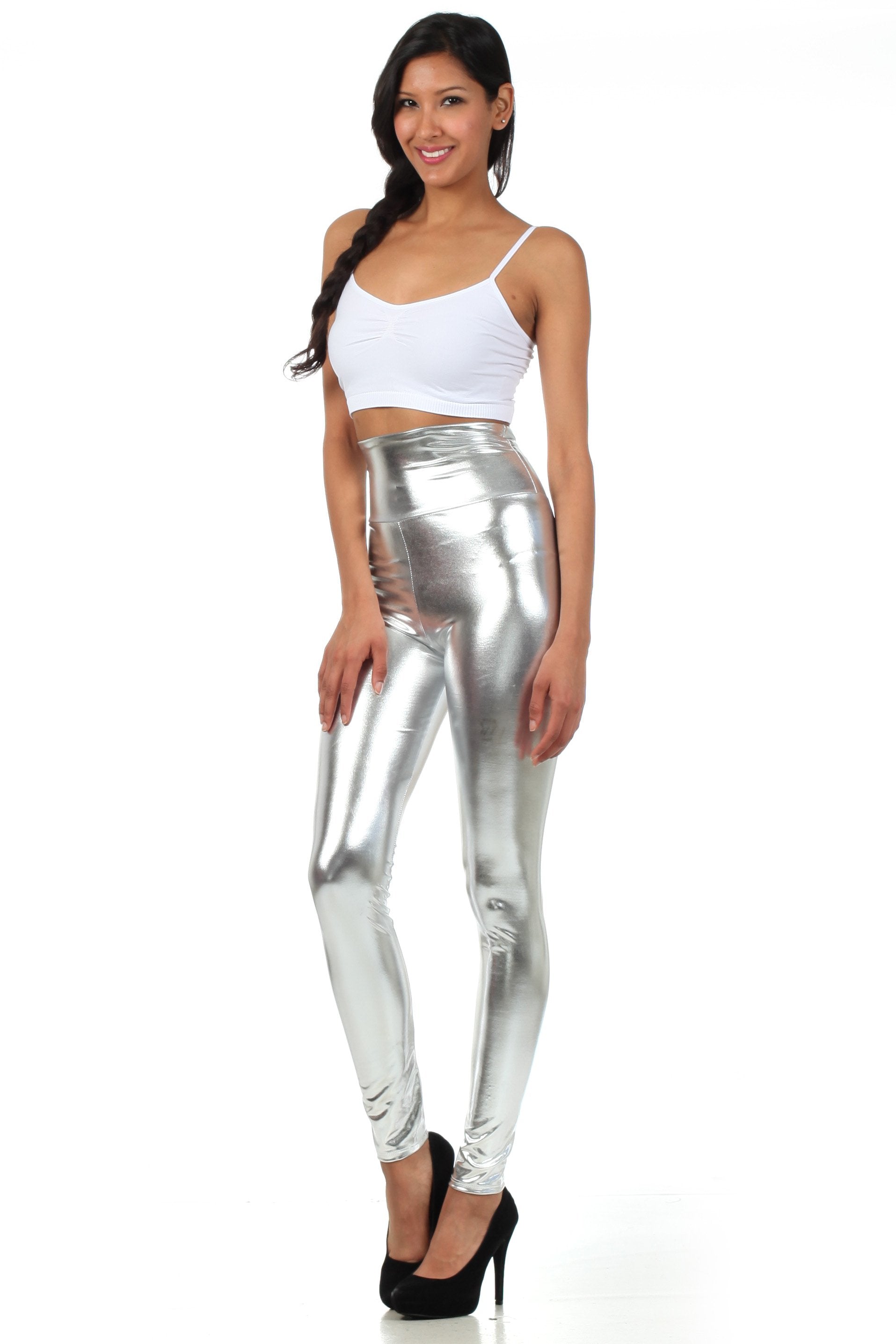Sakkas Shiny Liquid Metallic High Waist Stretch Leggings Made in USA