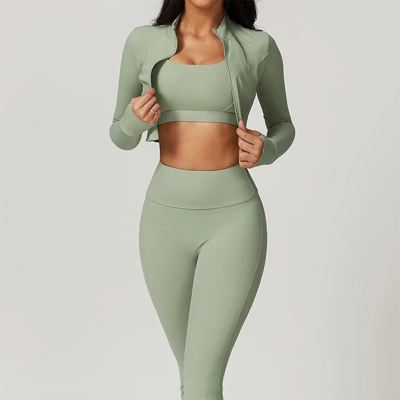 Women's Workout Outfit ActiveWear 3 Pieces Sports Bra High Waist Gym Leggings Long-Sleeved Top