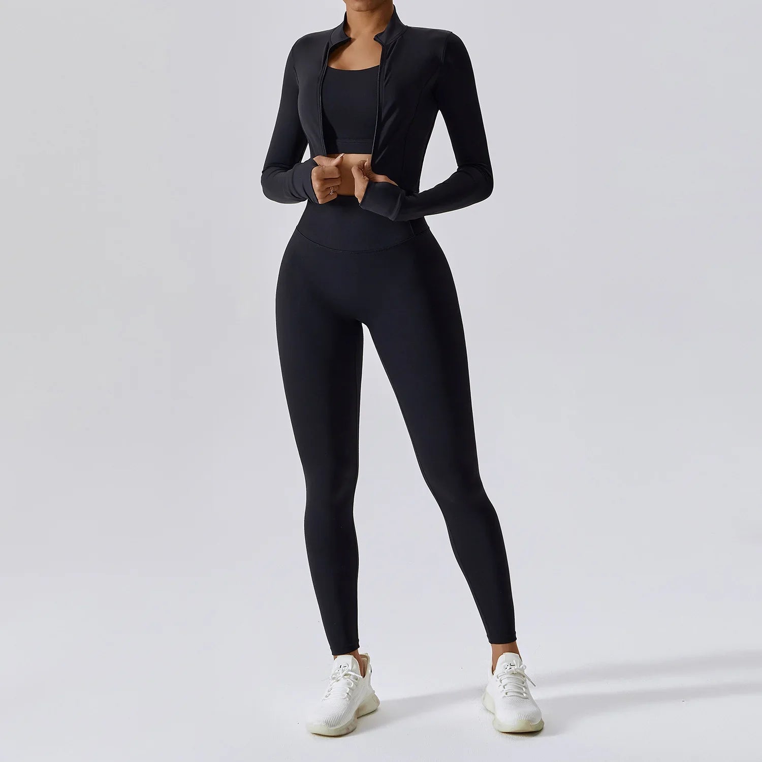 Women's Workout Outfit ActiveWear 3 Pieces Sports Bra High Waist Gym Leggings Long-Sleeved Top