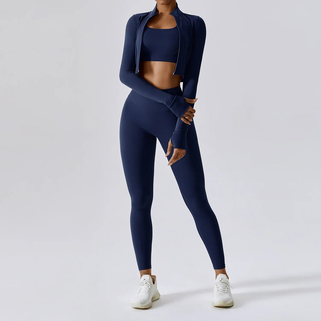 Women's Workout Outfit ActiveWear 3 Pieces Sports Bra High Waist Gym Leggings Long-Sleeved Top