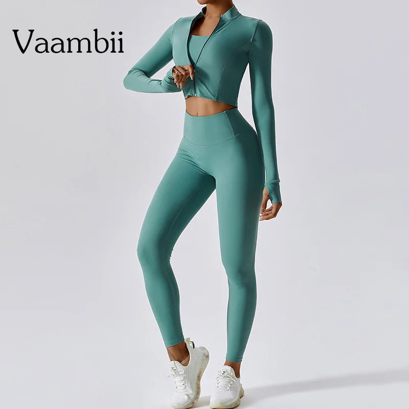 Women's Workout Outfit ActiveWear 3 Pieces Sports Bra High Waist Gym Leggings Long-Sleeved Top