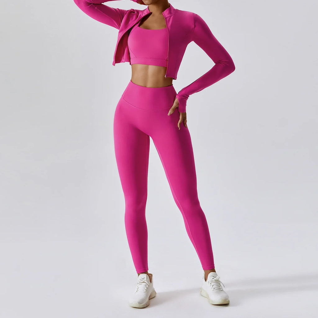 Women's Workout Outfit ActiveWear 3 Pieces Sports Bra High Waist Gym Leggings Long-Sleeved Top
