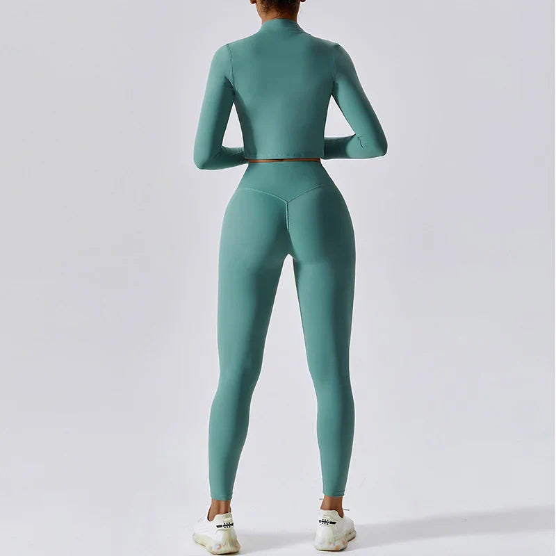 Women's Workout Outfit ActiveWear 3 Pieces Sports Bra High Waist Gym Leggings Long-Sleeved Top