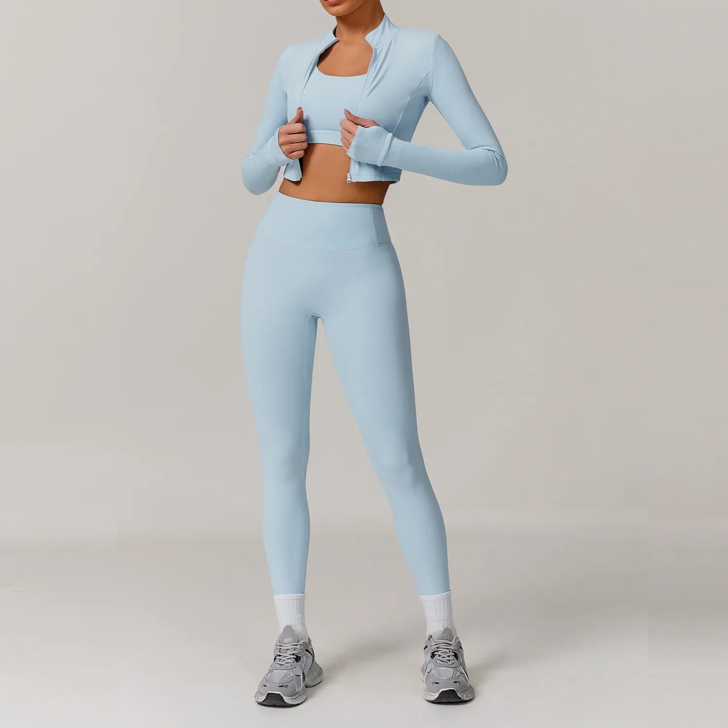 Women's Workout Outfit ActiveWear 3 Pieces Sports Bra High Waist Gym Leggings Long-Sleeved Top