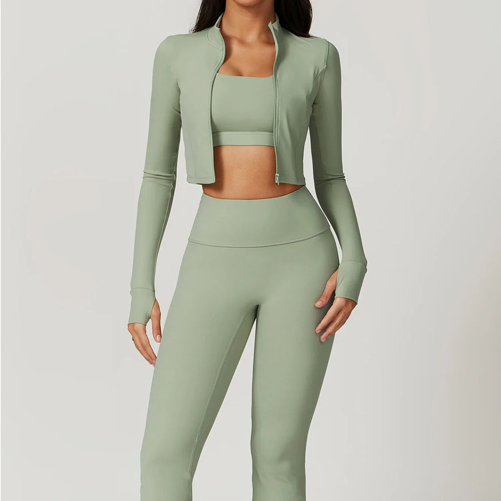 Women's Workout Outfit ActiveWear 3 Pieces Sports Bra High Waist Gym Leggings Long-Sleeved Top
