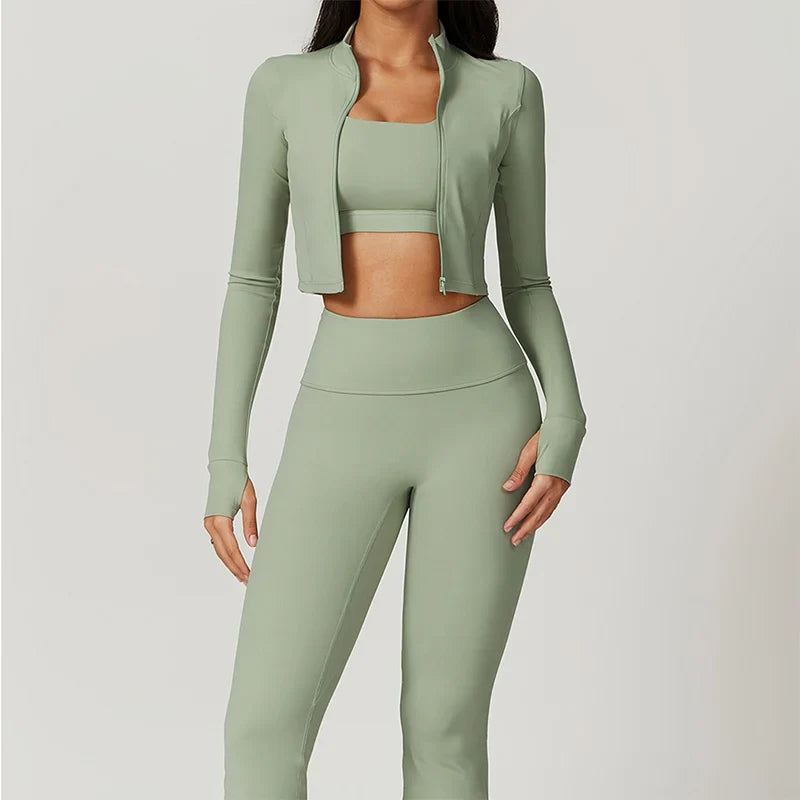Women's Workout Outfit ActiveWear 3 Pieces Sports Bra High Waist Gym Leggings Long-Sleeved Top