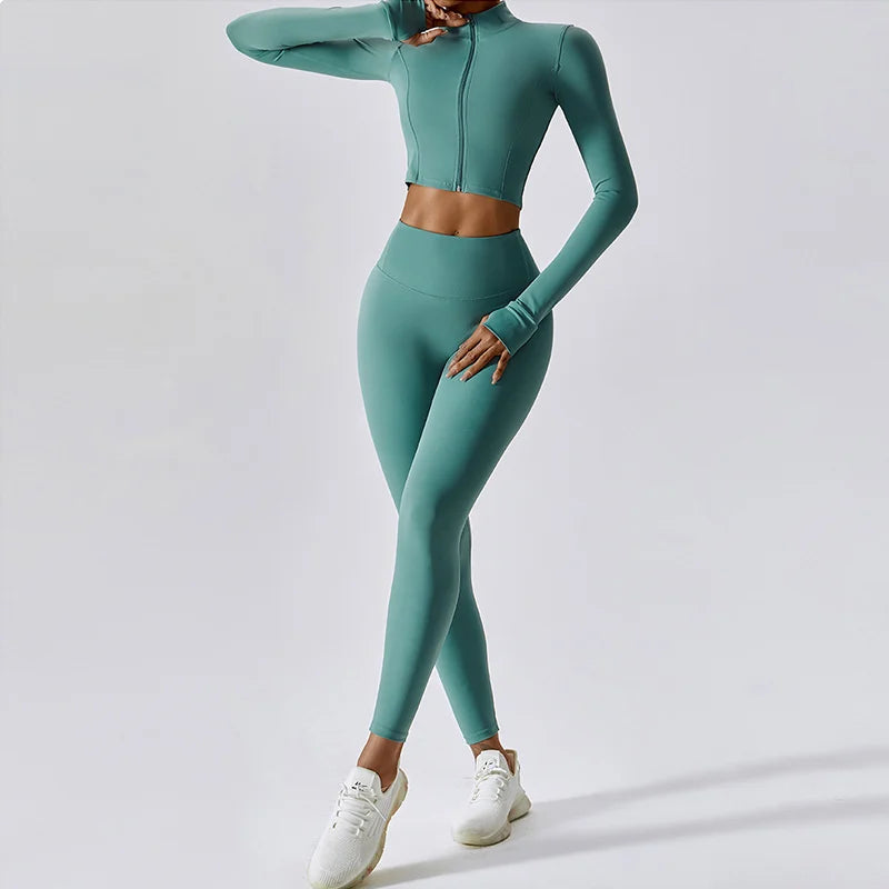 Women's Workout Outfit ActiveWear 3 Pieces Sports Bra High Waist Gym Leggings Long-Sleeved Top