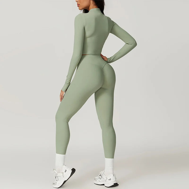 Women's Workout Outfit ActiveWear 3 Pieces Sports Bra High Waist Gym Leggings Long-Sleeved Top