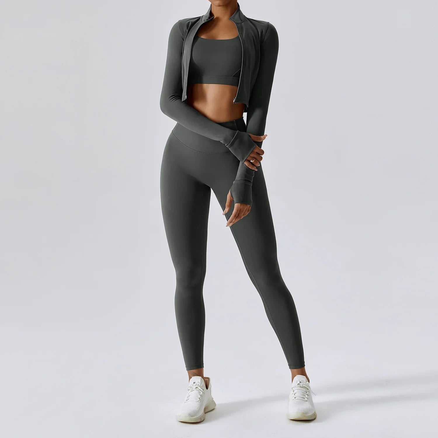Women's Workout Outfit ActiveWear 3 Pieces Sports Bra High Waist Gym Leggings Long-Sleeved Top