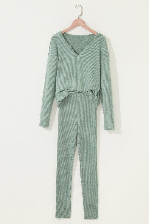Women's Ribbed Knit Long Sleeve Top and Leggings Set