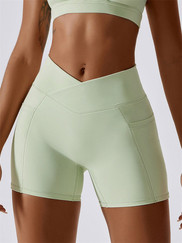 Women's Hip Pocket Crossover Waist Leggings Sports Shorts